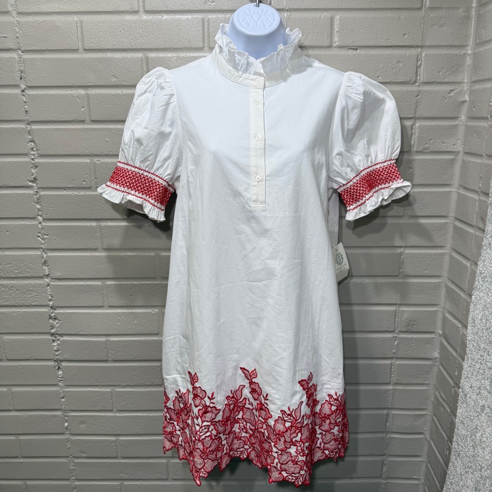 Hyacinth House Eliza Mini Dress White Red Embroidery Smocked Ruffle Neck NWT M - Picture 5 of 16